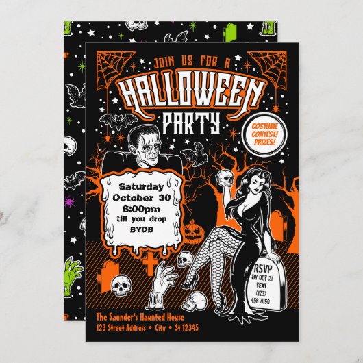 ヴィンテージホラー大人ハロウィーンの衣装パーティー 招待状 (正面/裏面)