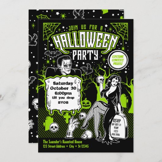 ヴィンテージホラー大人ハロウィーンの衣装パーティー 招待状 (正面/裏面)