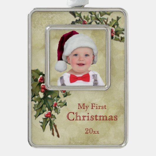 ヴィンテージホリカスタムー初めてのクリスマス シルバープレートフレームオーナメント (正面)