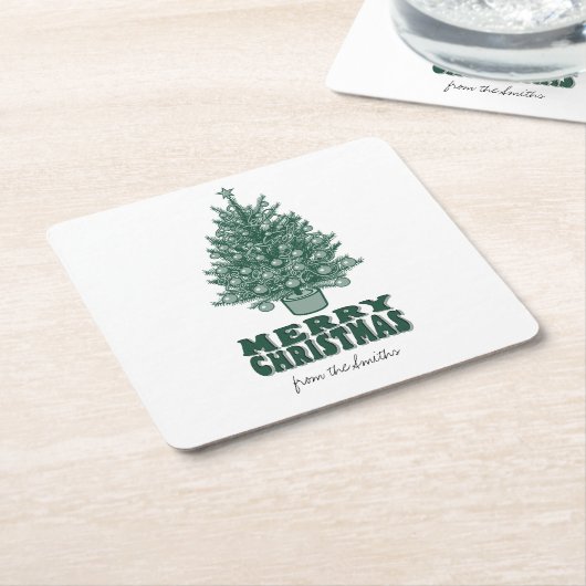 ヴィンテージホリデースタイルレトログリーンクリスマスツリー スクエアペーパーコースター (アングル)