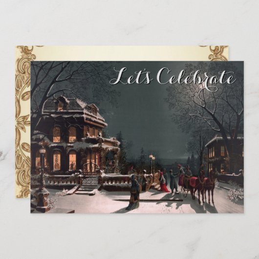 ヴィンテージホリデービクトリアンクリスマスパーティー 招待状 (正面/裏面)