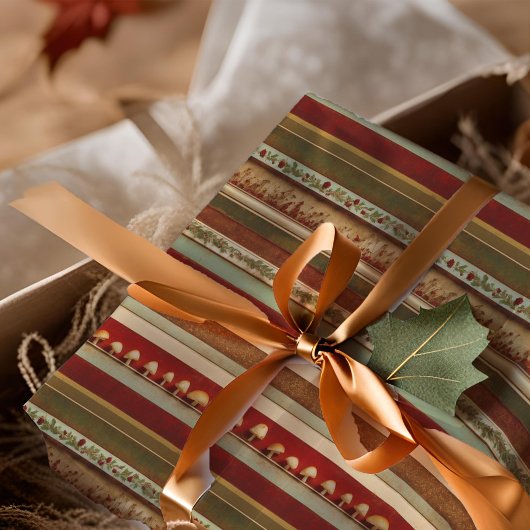 ヴィンテージホリデーマッシュルームホリーストライプレッドニュートラル 薄葉紙