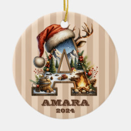 ヴィンテージホリデーレターAベージュストライプの- セラミックオーナメント