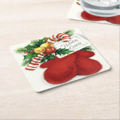 ヴィンテージホリデー応援クリスマスミッテン スクエアペーパーコースター (アングル)