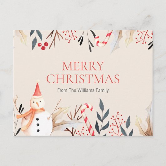 ヴィンテージホリデー雪だるまクリスマスホリデー ポストカード (正面)