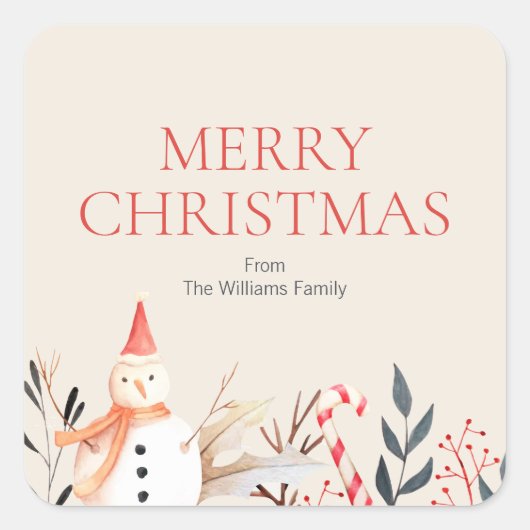 ヴィンテージホリデー雪だるまクリスマス スクエアシール (正面)