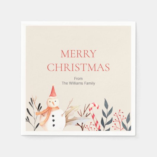 ヴィンテージホリデー雪だるまクリスマス スタンダードカクテルナプキン (正面)
