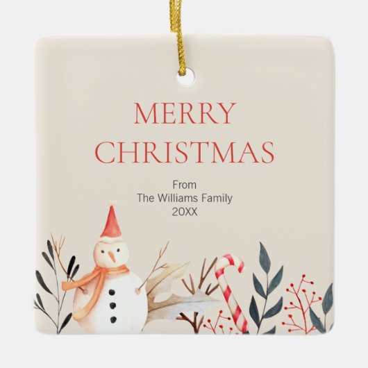 ヴィンテージホリデー雪だるまクリスマス セラミックオーナメント (正面)