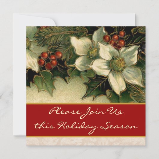 ヴィンテージホリーと花のディナー招待状 招待状 (正面)