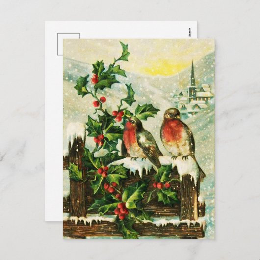 ヴィンテージホリーと鳥のクリスマス シーズンポストカード (正面/裏面)