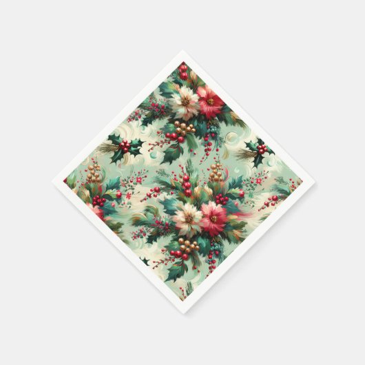 ヴィンテージホリーエレガントとベリークリスマスグリーン スタンダードカクテルナプキン (角)
