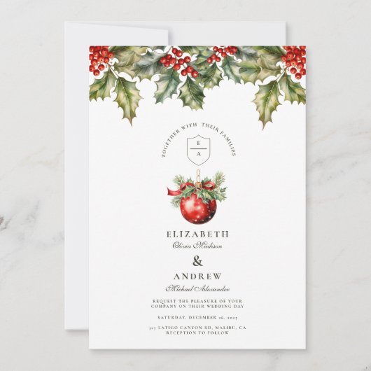 ヴィンテージホリーオーナメント結婚クリスマス 招待状 (正面)