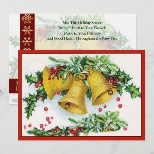 ヴィンテージホリーカバー金ゴールドクリスマスベルリンギング シーズンカード (正面/裏面)