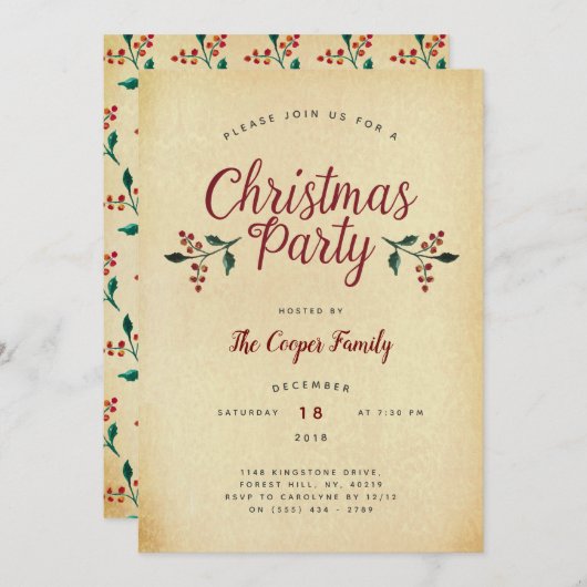 ヴィンテージホリークリスマスパーティの招待状 シーズンカード (正面/裏面)