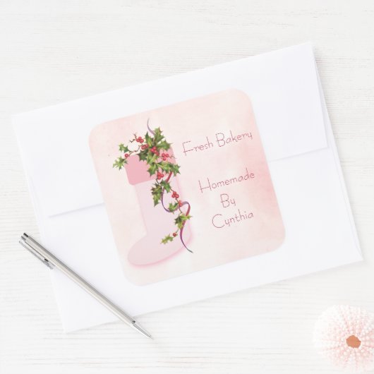 ヴィンテージホリーベリーアンドピンクストッキングホリデイ スクエアシール (封筒)