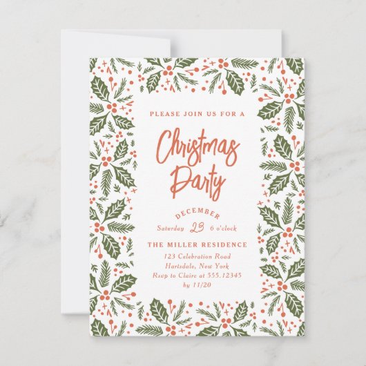 ヴィンテージホリーベリークリスマスパーティー赤と緑 招待状 (正面)