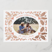ヴィンテージホリーベリーフォトクリスマスブライトレッド 箔シーズンカード (正面)