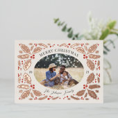 ヴィンテージホリーベリーフォトクリスマスベージュ 箔シーズンカード (立ち正面)