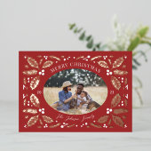 ヴィンテージホリーベリーフォトクリスマスレッド 箔シーズンカード (立ち正面)