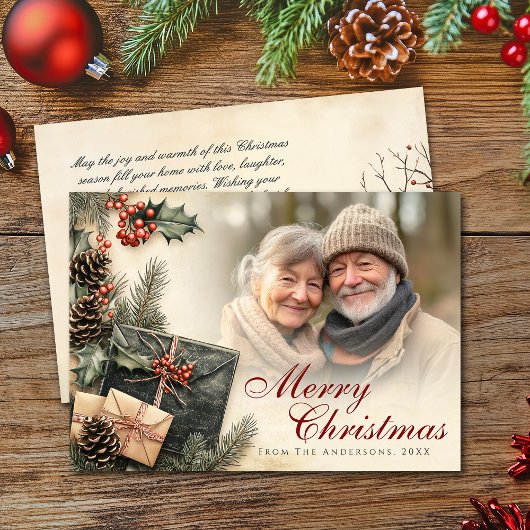 ヴィンテージホリーベリーベージュフォトクリスマス シーズンカード