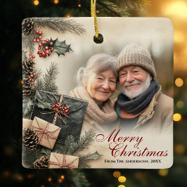 ヴィンテージホリーベリーベージュフォトクリスマス セラミックオーナメント