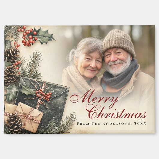 ヴィンテージホリーベリーベージュフォトクリスマス マグネット (正面)