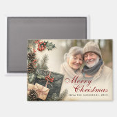 ヴィンテージホリーベリーベージュフォトクリスマス マグネット (正面/裏面)