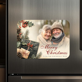 ヴィンテージホリーベリーベージュフォトクリスマス マグネット