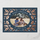 ヴィンテージホリーベリー写真クリスマスネイビーブルー 箔シーズンカード (正面)