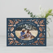 ヴィンテージホリーベリー写真クリスマスネイビーブルー 箔シーズンカード (立ち正面)