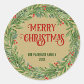 ヴィンテージホリーリースファミリー名クリスマス金ゴールド ラウンドシール (正面)