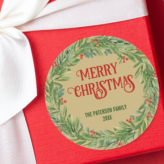 ヴィンテージホリーリースファミリー名クリスマス金ゴールド ラウンドシール