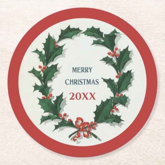 ヴィンテージホリーリースメリークリスマス ラウンドペーパーコースター (正面)