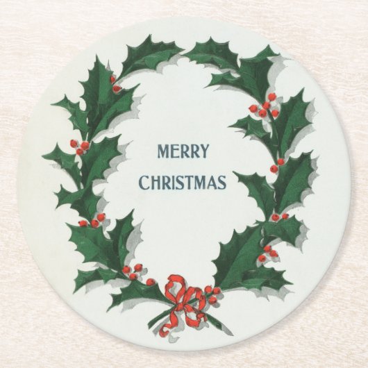 ヴィンテージホリーリースメリークリスマス ラウンドペーパーコースター (正面)