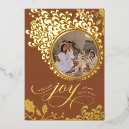 ヴィンテージホリーワンフォトボホブラウンクリスマスジョイ 箔シーズンカード