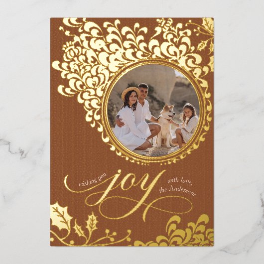 ヴィンテージホリーワンフォトボホブラウンクリスマスジョイ 箔シーズンカード (正面)