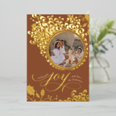 ヴィンテージホリーワンフォトボホブラウンクリスマスジョイ 箔シーズンカード (立ち正面)