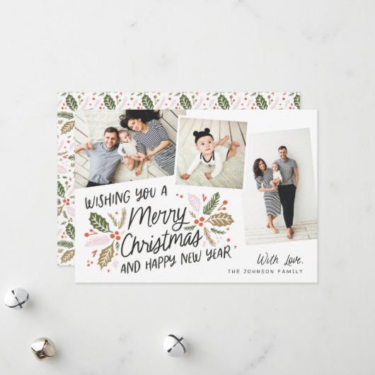 ヴィンテージホリー傾きスナップショット3 – 写真クリスマス シーズンカード (正面/裏面インサイチュ)