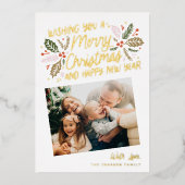 ヴィンテージホリー傾斜スナップショットフォトクリスマス金ゴールド 箔シーズンカード (正面)