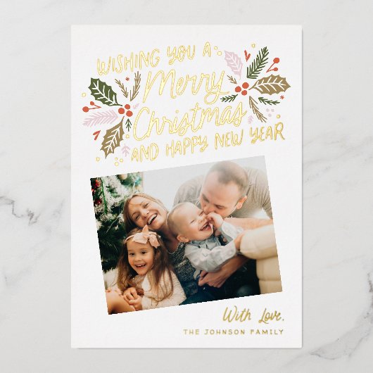 ヴィンテージホリー傾斜スナップショットフォトクリスマス金ゴールド 箔シーズンカード (正面)