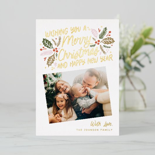 ヴィンテージホリー傾斜スナップショットフォトクリスマス金ゴールド 箔シーズンカード (立ち正面)