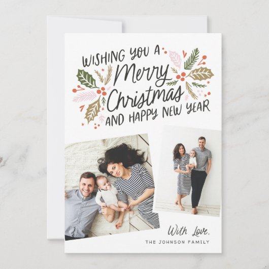 ヴィンテージホリー傾斜スナップショット2フォトクリスマス シーズンカード (正面)