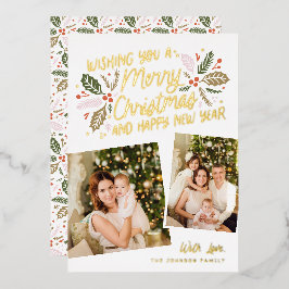 ヴィンテージホリー傾斜スナップショット2フォトクリスマス 箔シーズンカード