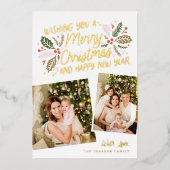 ヴィンテージホリー傾斜スナップショット2フォトクリスマス 箔シーズンカード (正面)