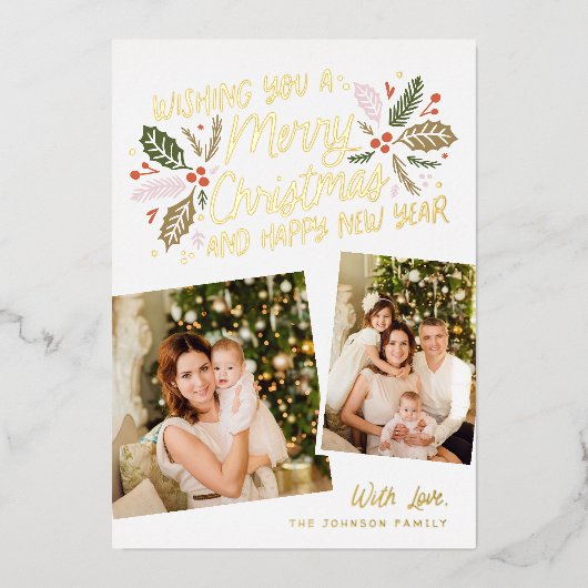ヴィンテージホリー傾斜スナップショット2フォトクリスマス 箔シーズンカード (正面)