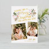 ヴィンテージホリー傾斜スナップショット2フォトクリスマス 箔シーズンカード (立ち正面)