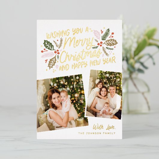 ヴィンテージホリー傾斜スナップショット2フォトクリスマス 箔シーズンカード (立ち正面)