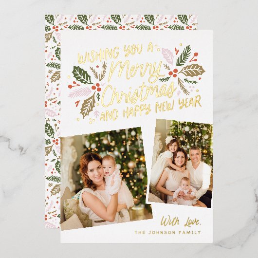 ヴィンテージホリー傾斜スナップショット2フォトクリスマス 箔シーズンカード (正面/裏面)