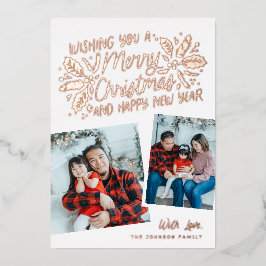 ヴィンテージホリー傾斜スナップショット2フォトクリスマス 箔シーズンカード