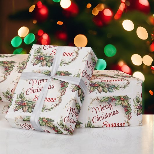 ヴィンテージホリー受信者の名前のクリスマスを追加 ラッピングペーパー